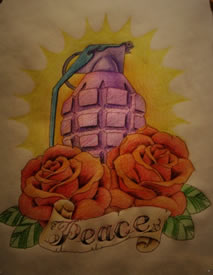 彩色手榴弹玫瑰花纹身手稿图片