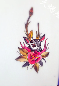 彩色羚羊玫瑰花纹身手稿图片