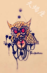 彩色个性猫头鹰纹身手稿图案