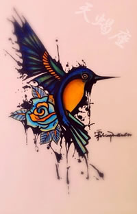 彩色玫瑰花鸟纹身手稿图片