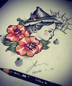 彩色女郎玫瑰花纹身手稿图片