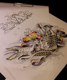 传统莲花鲤鱼纹身手稿图片