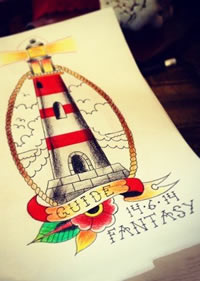 彩色灯塔纹身手稿图案