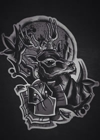 黑灰素描羚羊玫瑰花纹身图案