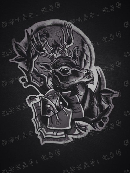 黑灰素描羚羊玫瑰花纹身图案