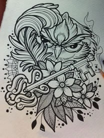 黑灰素描猫头鹰钥匙玫瑰纹身图片