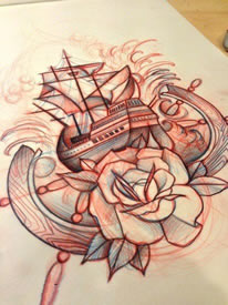 帆船玫瑰花纹身手稿图片
