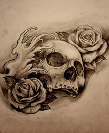 黑灰素描个性骷髅玫瑰纹身图片