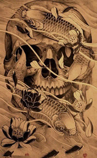 欧美骷髅鲤鱼纹身手稿图片