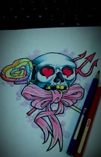 彩色骷髅蝴蝶结纹身手稿图片