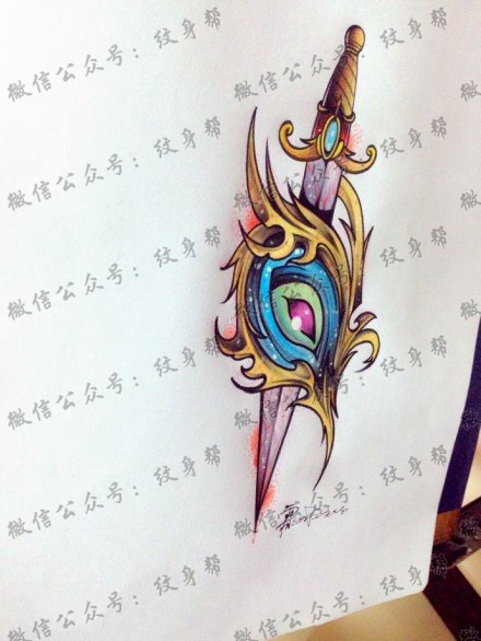 彩色匕首眼睛纹身图案