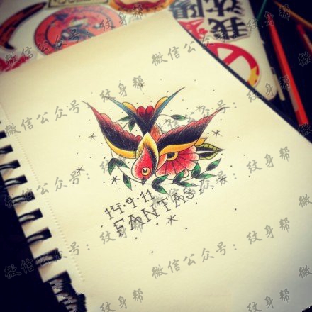 彩色燕子纹身手稿图案