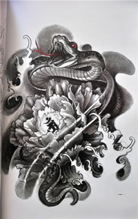 适合大臂包腿的金蛇富贵纹身手稿图案