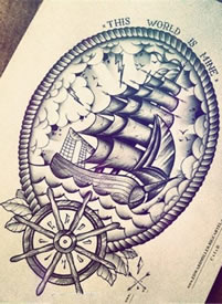 帆船船舵纹身手稿图案