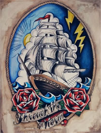 school彩色帆船玫瑰花纹身手稿图片