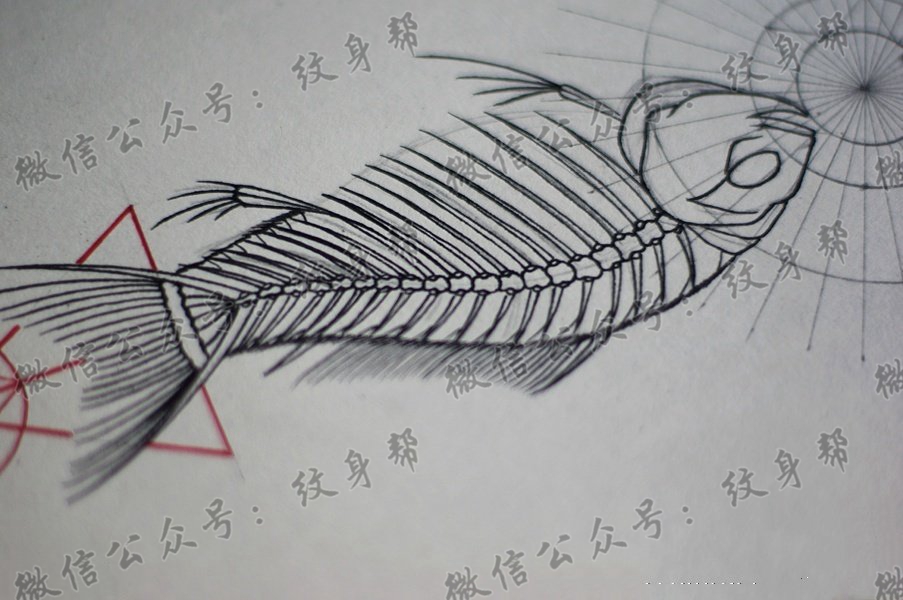 飞鱼错落镂空鱼刺纹身图案