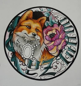 彩色狐狸玫瑰纹身手稿图案