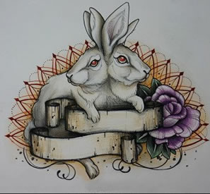彩色双头兔子玫瑰纹身手稿图片