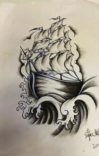 黑灰帆船纹身手稿图片