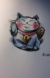 彩色卡通招财猫纹身手稿图片