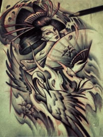 艺妓仙鹤纹身手稿图片
