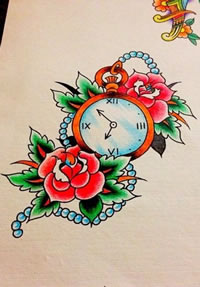 时钟玫瑰花纹身手稿图片