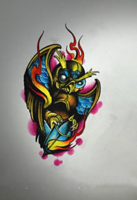 手绘铜石羽翼火焰猫头鹰纹身图案