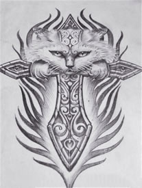十字架猫咪纹身手稿图片