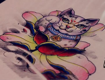 传统莲花招财猫纹身手稿图片