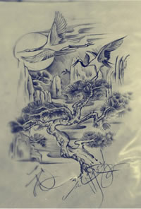 树仙鹤纹身手稿图案