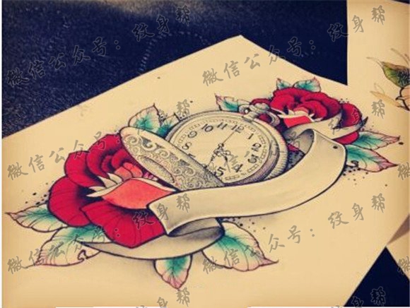 彩色玫瑰花时钟纹身图案