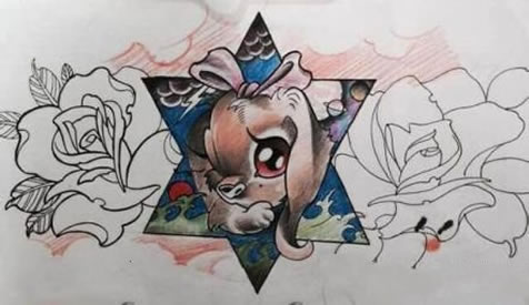 彩色五角星鹿玫瑰花纹身图案