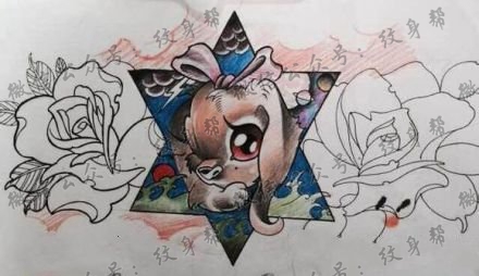 彩色五角星鹿玫瑰花纹身图案