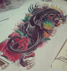 彩色黑豹玫瑰花纹身手稿图案