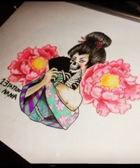 彩色艺妓牡丹纹身手稿图案