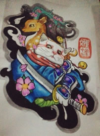 武士招财猫鹿纹身手稿图案