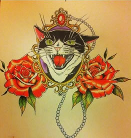 彩色猫咪玫瑰纹身手稿图案