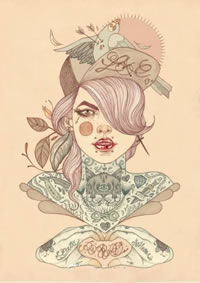 彩色女郎燕子纹身手稿图案