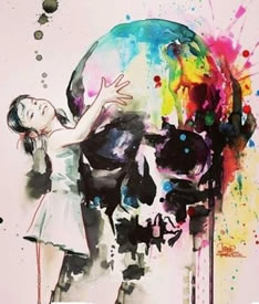 泼墨骷髅女孩纹身手稿图案