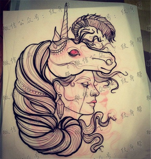 素描女郎独角兽纹身是图片