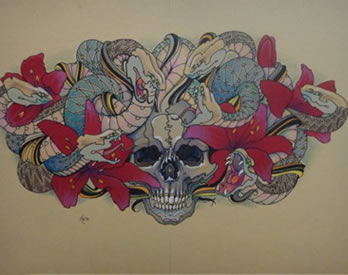 彩色骷髅蛇纹身手稿图案