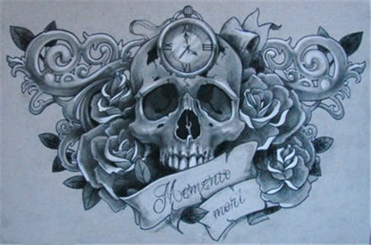 玫瑰骷髅时钟纹身手稿图片