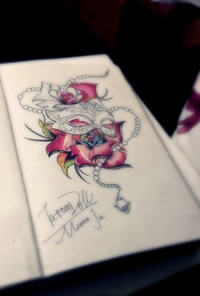 彩色面具玫瑰纹身手稿图案