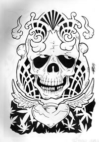 爱心翅膀骷髅纹身手稿图案