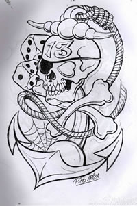 船锚骷髅纹身手稿图案