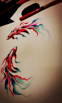 水墨彩色金鱼纹身手稿图案