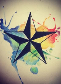 彩色泼墨五角星纹身手稿图案