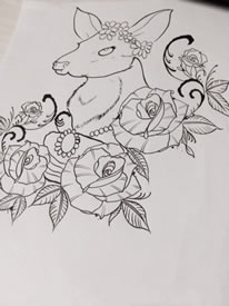 玫瑰花鹿纹身手稿图案
