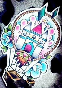 彩色玫瑰花热气球纹身图案