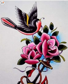 彩色玫瑰花燕子船锚纹身手稿图案